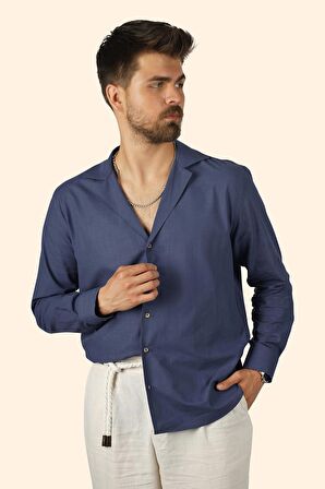 indigo Keten Apaj Yaka Relax Fit Erkek Gömlek