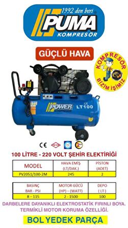 PİSTONLU KOMPRESÖR - 100 Lt - 2 HP - 8 Bar - Hava Üretimi: 200 Lt/dk. - 220 Volt