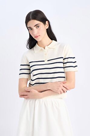 Regular Fit Polo Yaka Çizgili Kısa Kollu Triko Tişört	