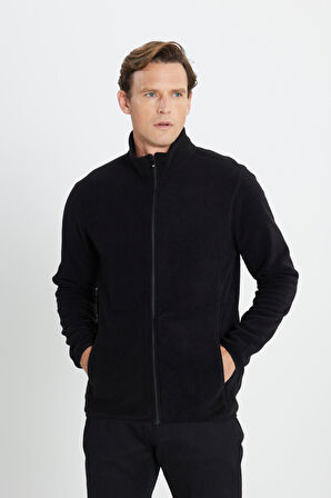 Erkek Siyah Anti-pilling Tüylenme Yapmayan Standart Fit Bato Yaka Sweatshirt Polar Ceket