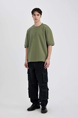 DeFacto Loose Fit Bisiklet Yaka Baskılı Kısa Kollu Ağır Kumaş Tişört C0897AX24SPKH373