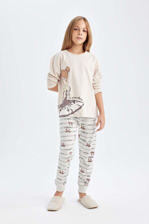 DeFacto Kız Çocuk Pijama Takımı Bisiklet Yaka Baskılı Uzun Kollu Üst Uzun Alt D6056A824AUBG107