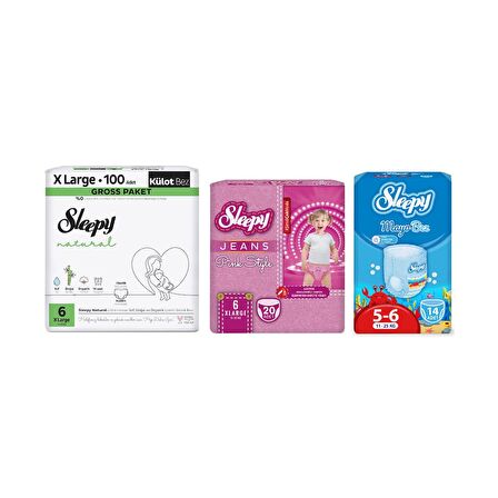 Sleepy 6 Numara Xlarge Natural Gross 100+Mayo Bez 14+Pink Jeans Külot Bez 20+Plaj Çantası