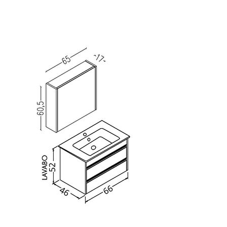 Levante 65 Cm Beyaz Lavabolu Banyo Dolabı Bgn Aynalı - Boy Dolap Hariç