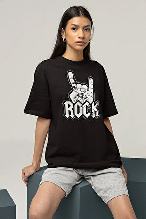 Rock And Roll Baskılı Unisex Oversize Tişört