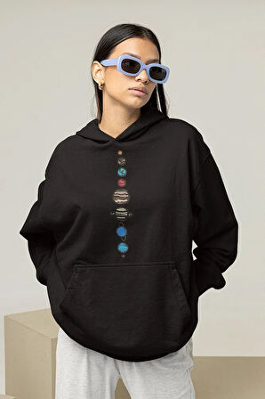 Tasarım Gezegenler Baskılı Unisex Oversize Hoodie