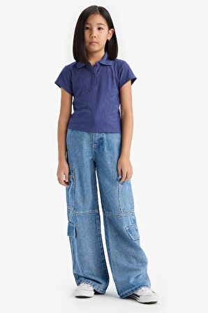 DeFacto Kız Çocuk Slim Fit Dar Kesim Polo Yaka Basic Düz Fitilli Kaşkorse Kısa Kollu Tişört Z7794A625SMPR498