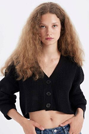 DeFacto Regular Fit V Yaka Basic Düz Düğmeli Triko Hırka U2052AZ24AUBK56