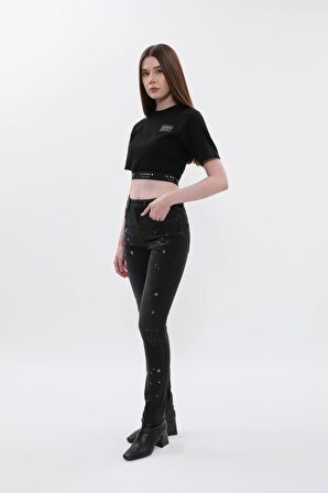 Kadın Yüksek Bel Skinny Fit Dar Paça Benekli Füme Jean Pantolon