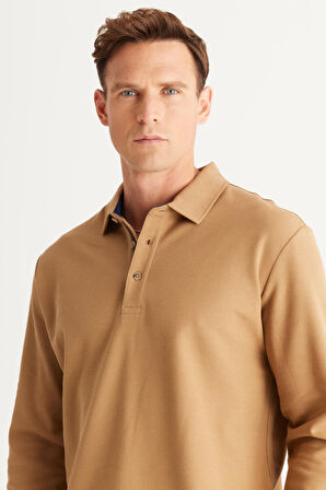 Erkek Camel Slim Fit Dar Kesim Polo Yaka %100 Pamuk Petekli Tişört