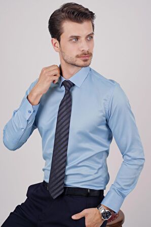 Gömlek Kravat Seti ( Lacivert Çizgi Desenli Kravat & Şeker Mavisi Saten Slimfit Gömlek)