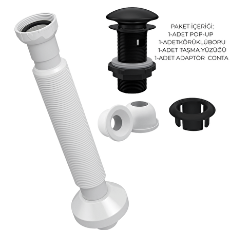 Mat Siyah Pop-Up Lavabo Gider Seti | Porselen Başlık + Körüklü Boru + Taşma Yüzüğü + Adaptör Conta