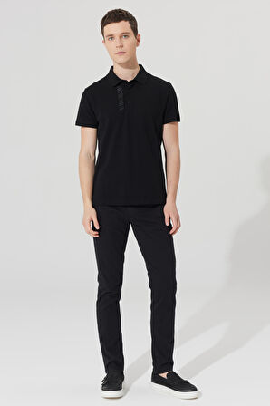 Erkek Siyah Slim Fit Dar Kesim Polo Yaka %100 Pamuk Kısa Kollu Baskılı Tişört