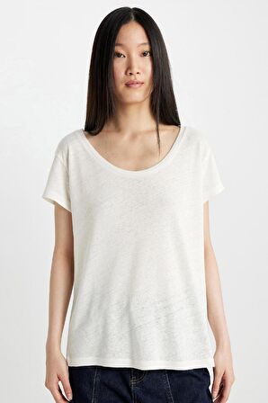 DeFacto Regular Fit Bisiklet Yaka Keten Karışımlı Basic Düz Kısa Kollu Tişört C8806AX24SMER105