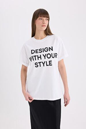 DeFacto Oversize Geniş Kalıp Bisiklet Yaka Baskılı Casual Kısa Kollu Tişört E5059AX25SPWT34