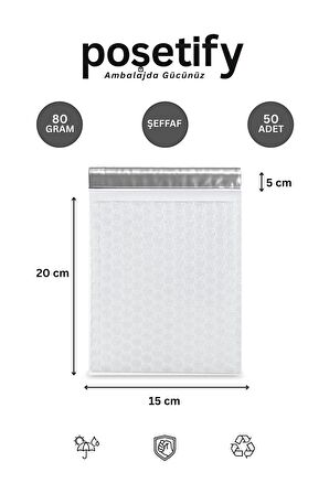 Balonlu Şeffaf Kargo Poşeti 15X20+5 cm | 80 gr Bantlı Patpatlı Kargo Poşeti | 50’li E-Ticaret Poşeti