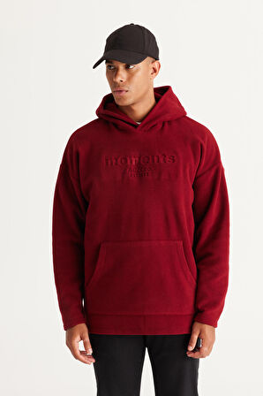 Erkek Bordo Oversize Bol Kesim Kapüşonlu Polar