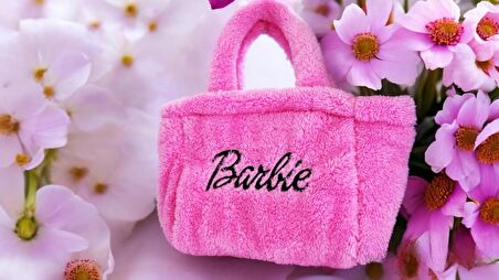 Barbie Peluş Fermuarlı Pembe Çanta Laptop Makyaj Günlük Çantası