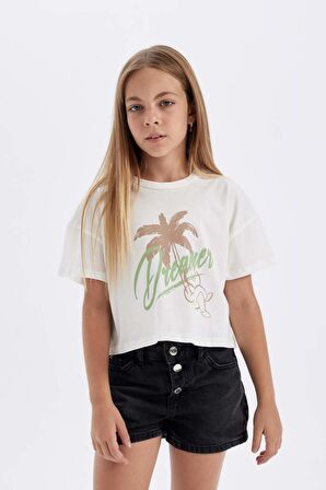 DeFacto Kız Çocuk Crop Bisiklet Yaka Baskılı 2'li Kısa Kollu Tişört C5254A824SMER103