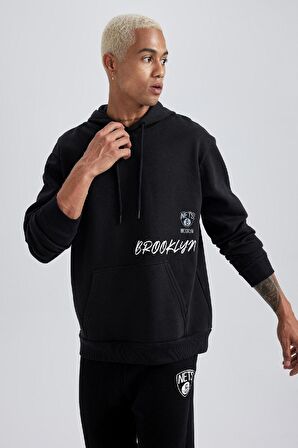 DeFactoFit NBA Brooklyn Nets Standart Fit Kapüşonlu Kalın Sweatshirt A9679AX23WNBK81