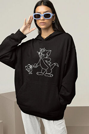 Çizgi Film Tom ve Jerry Baskılı Unisex Oversize Hoodie