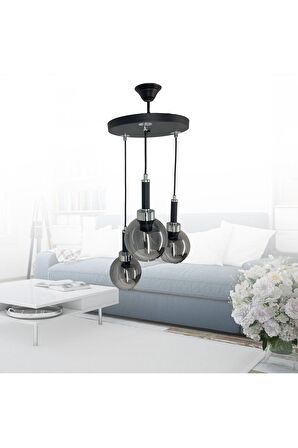 Yalova Siyah 3'lü Füme Camlı Avize | Kaliteli Modern Metal Avize