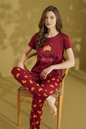 Kadın Desenli Bisiklet Yaka Düğmesiz Pamuklu Yazlık Kısa Kol Pijama Takımı