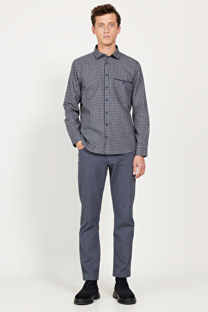 Erkek Lacivert-Gri Slim Fit Dar Kesim Klasik Yaka Kareli Gömlek