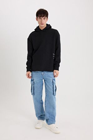 Boxy Fit Kapüşonlu Sırt Baskılı Sweatshirt