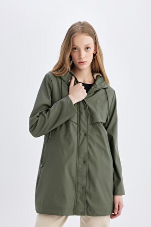 DeFacto Su  İtici Suni Deri Uzun Yağmurluk Polar Astarlı Kapüşonlu Fermuar Çıtçıtlı Cepli Mevsimlik A0982AX24WNKH6