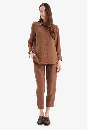 Jogger Pantolon Keten Görünümlü Cepli Yüksek Bel Düz Paça