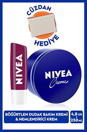 NIVEA Creme Nemlendirici Vücut Bakım Kremi 250ml ve Böğürtlen Dudak Bakım Kremi 4.8gr, Hafif Bordo Işıltı, Cüzdan Hediye