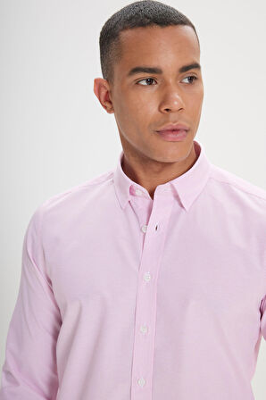 Slim Fit Dar Kesim Gizli Düğmeli Yaka Pamuklu Çizgili Gömlek