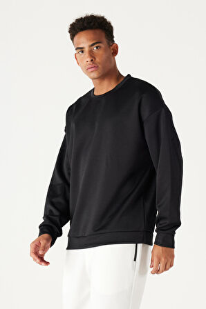 Erkek Siyah Oversize Bol Kesim Bisiklet Yaka Düz Sweatshirt