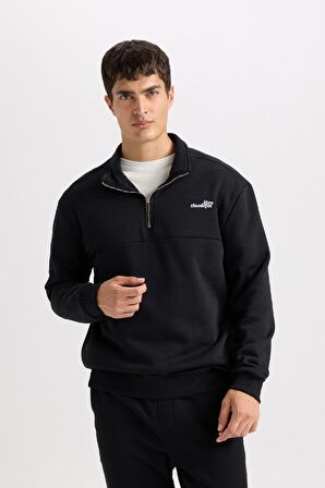 DeFacto Relax Fit Dik Yaka Fermuarlı Baskılı Kalın Sweatshirt D2164AX24AUBK81