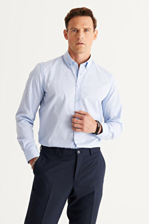 Erkek Açık Mavi Slim Fit Dar Kesim Düğmeli Yaka Desenli Gömlek