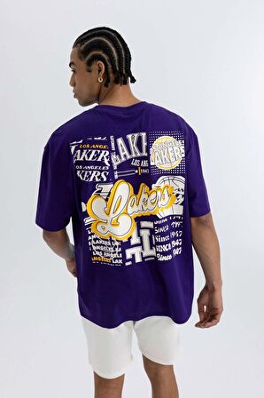 DeFactoFit NBA Los Angeles Lakers Oversize Geniş Kalıp Bisiklet Yaka Sırt Baskılı Kısa Kollu Tişört A1998AX24SMPR299