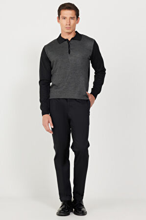 Erkek Siyah Slim Fit Dar Kesim Gabardin Kumaş Desenli Pamuklu Esnek Beli Lastikli Pantolon
