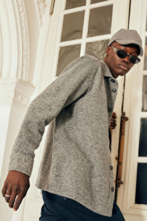 Erkek Gri Oversize Geniş Kesim Klasik Yaka Yünlü Kırçıl Desenli Flanel Gömlek Ceket