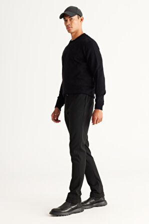 Erkek Siyah Slim Fit Dar Kesim Yan Cepli Beli Lastikli Bağlamalı Pantolon