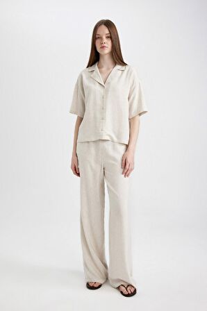 DeFacto Oversize Geniş Kalıp Pijama Yaka Keten Karışımlı Kısa Kollu Gömlek U2927AZ24SMER234