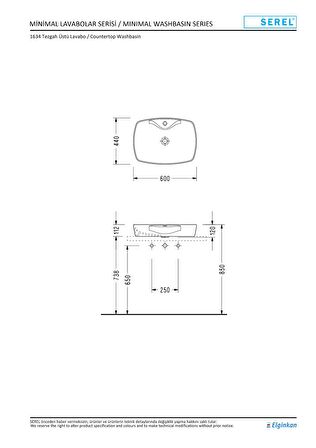 Serel 44x60 cm Tezgah Üstü Çanak Batarya Delikli Lavabo 1634TXS110H