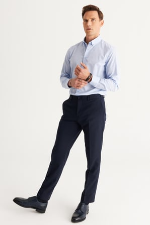 Erkek Lacivert Comfort Fit Rahat Kesim Beli Lastikli Desenli Esnek Pantolon