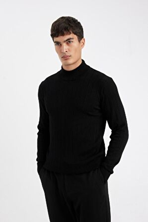 DeFacto Standart Fit Normal Kesim Yarım Balıkçı Yaka Jakarlı Triko Kazak D2943AX24AUBK27