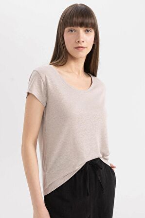 DeFacto Regular Fit Bisiklet Yaka Keten Karışımlı Basic Düz Kısa Kollu Tişört C8806AX24SMBG130