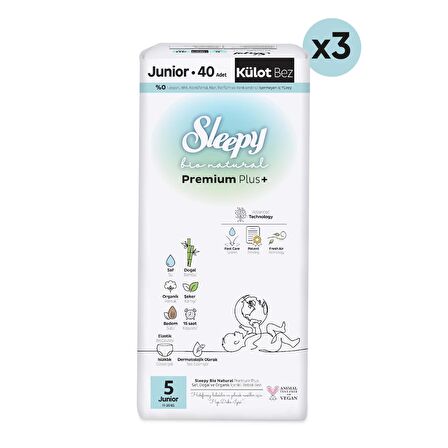 Sleepy Bio Natural Premium Plus Avantajlı Paket Külot Bez 5 Numara Junior 120 Adet