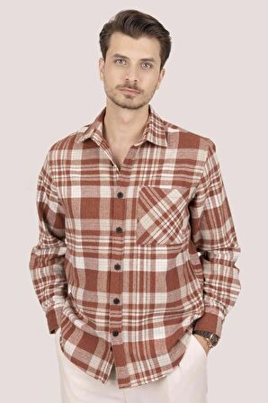 Açık Kiremit Beyaz Çizgili Oversize Kalın Oduncu Gömlek