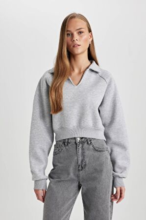 DeFacto Regular Fit Polo Yaka Basic Düz Kalın Sweatshirt C4583AX24SMGR256