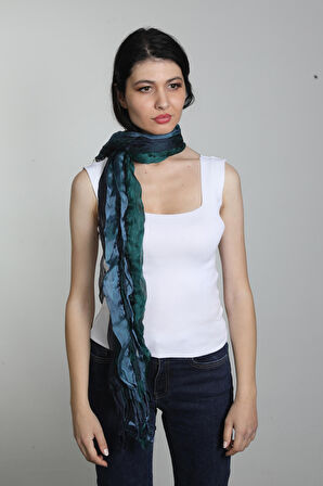 Mavi-Koyu Yeşil Renkli İpekli Polyester Şal