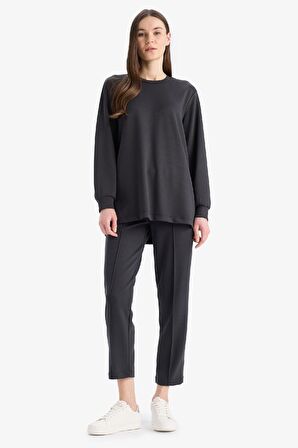 Regular Fit Bisiklet Yaka Basic Düz Siyah Sweatshirt Tunik